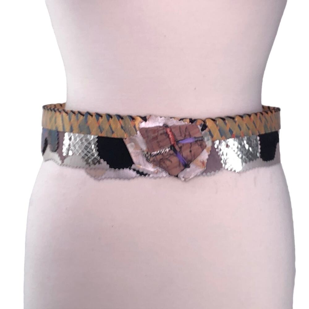 Karinne Womens Size S Belt Handcrafted Art to Wear Leather Metallic Abstract VTG